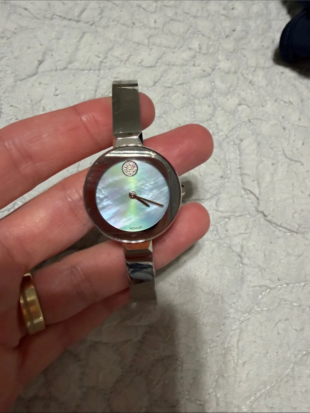 Movado Silver Bracelet Watch with Iridescent Mother-of-Pearl Dial
